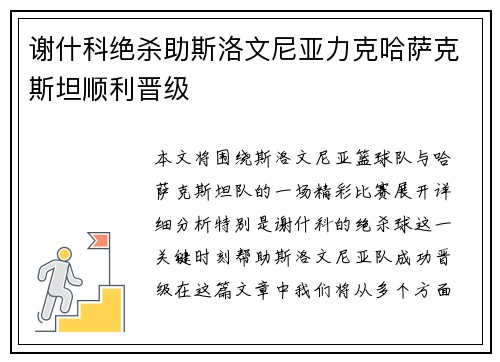 谢什科绝杀助斯洛文尼亚力克哈萨克斯坦顺利晋级 谢什科绝杀助斯洛文尼亚力克哈萨克斯坦顺利晋级