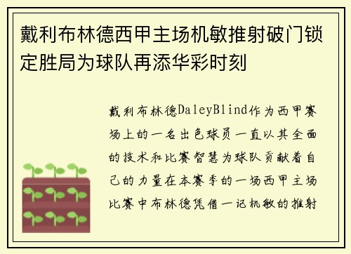 戴利布林德西甲主场机敏推射破门锁定胜局为球队再添华彩时刻 戴利布林德西甲主场机敏推射破门锁定胜局为球队再添华彩时刻